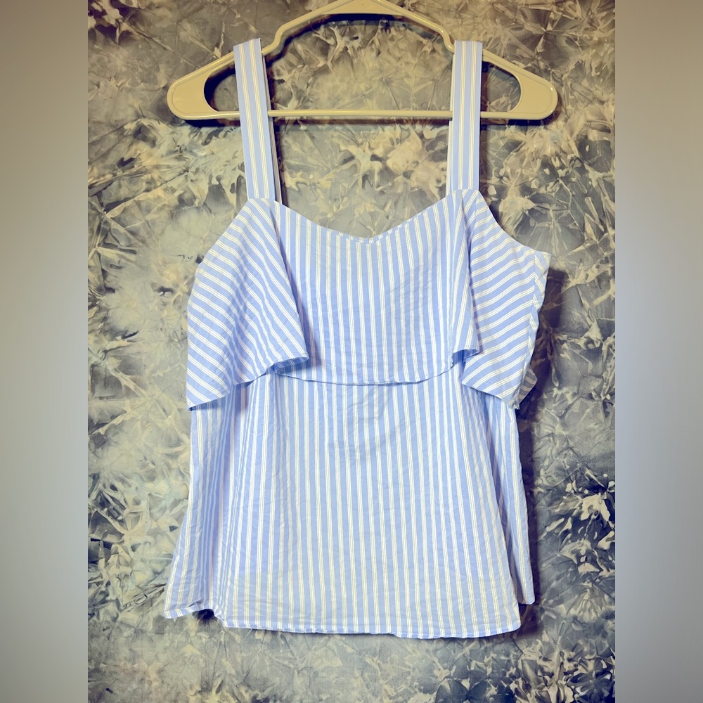 H&M Blue & white pinstripe ruffle peasant blouse top Size 6